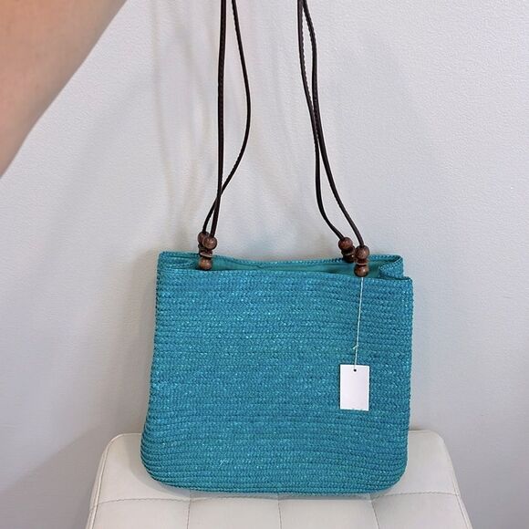 Dark Ocean blue Straw bag with wooden beads and thin leather handles - Picture 1 of 5